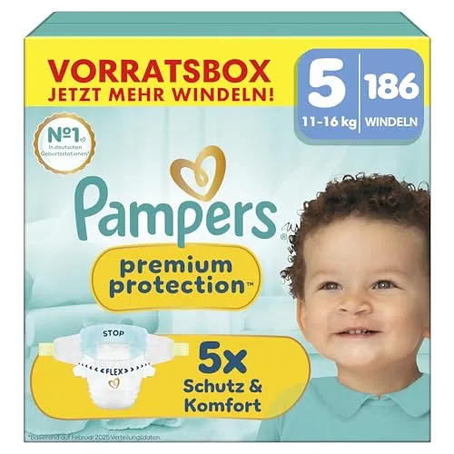 Pampers Premium Protection Größe 5, 186 Windeln, 11kg-16kg, unser Nr. 1 Haut- und Auslaufschutz