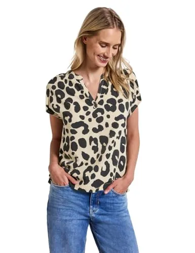 Street One Damen Bluse mit Leo-Muster - Damenblusen mit geschlitztem Ausschnitt und dropped shoulders, aus weicher Viskose für einen lässigen Sommerlook.