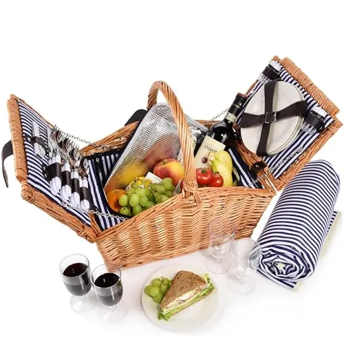 Sänger Picknickkorb Sylt – 24-teiliges Komplettset für 4 Personen - Picknickkörbe & -koffer: Hochwertiger Weidenkorb mit Geschirr, Kühltasche und Decke – ideal für unvergessliche Picknicks mit Freunden oder Familie!