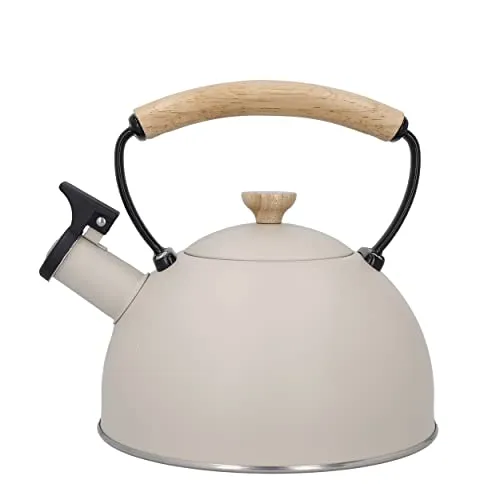 Wasserkessel La Cafetière 1,6 Liter mit Holzgriff - Wasserkocher aus Edelstahl mit pfeifendem Signal, ideal für Induktions- und Gasherde, elegantes Creme-Design, perfekt für Teeliebhaber.