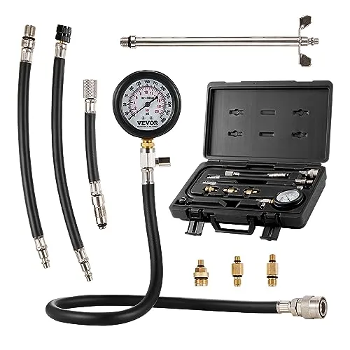 VEVOR Kompressionsmesser mit Manometer - Zubehör für Messtechnik, präziser Kompressionstester für Benzinmotoren mit Doppelskala und hoher Anpassungsfähigkeit, inklusive 3 Adapter für vielseitige Anwendungen.