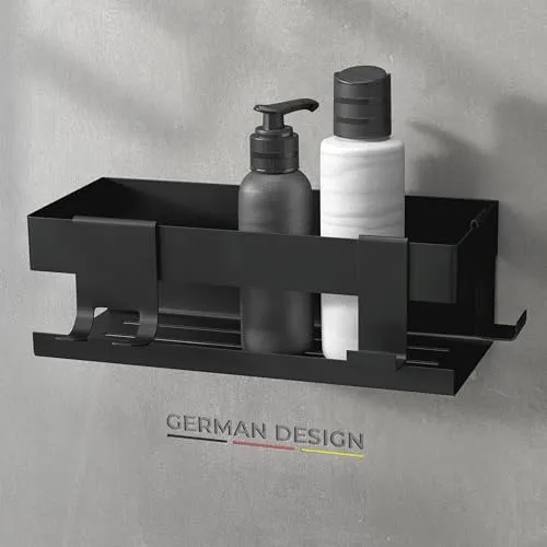 husman® Duschablage ohne Bohren - Edelstahl Matt-Schwarz mit Haken - Praktische Duschablage ohne Bohren für einfaches Anbringen. Aus robustem Edelstahl mit hygienischem Rillendesign für schnelles Ablaufen. Inklusive 3 Haken für Badaccessoires. Ideal als Organizer für Bad und Küche.