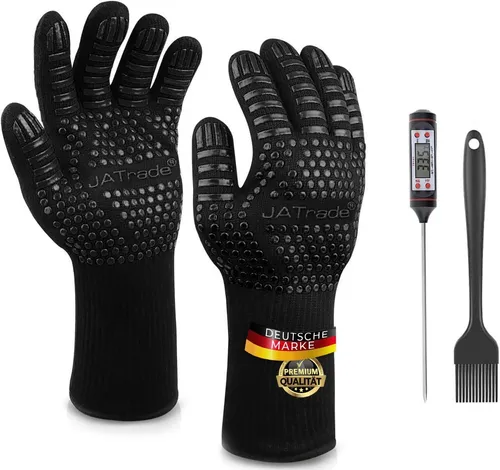 JATrade Grillhandschuhe mit Grillthermometer & Marinierpinsel - Hitzebeständig und vielseitig einsetzbar - Hochwertige Grillhandschuhe für optimalen Hitzeschutz beim Grillen, Backen oder Kochen. Mit praktischem Grillthermometer und Marinierpinsel für perfekten Genuss. Ideal als Geschenk!