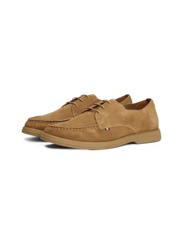 Schnürschuh TOMMY HILFIGER SUEDE MOC T DERBY - Herren-Halbschuhe aus hochwertigem Veloursleder in hellbraun, ideal für Business oder Freizeit mit eleganter Mokassin-Naht und bequemer Passform.