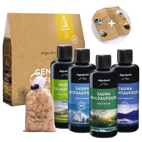 AllgäuQuelle® Saunaaufguss Set Bio 4er - Aufgüsse für die Sauna, 100% natürliche ätherische Öle aus der Allgäuer Bad Nieratz Quelle, ideal zum Entspannen und Verschenken!