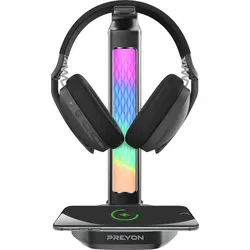 PREYON Heron Beak RGB Kopfhörerständer mit Ladegerät und USB-Hub - Schwarz - Eleganter Kopfhörerständer mit RGB-Beleuchtung, kabellosem Ladegerät und USB-Hub. Ideal für Gamer, sorgt für Ordnung und schützt Ihre Kopfhörer.