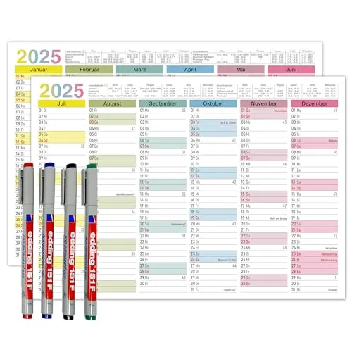 TOBJA abwischbarer Wandkalender 2025 A4 - "Bunter" Jahresplaner 2025 abwischbar, inkl. 4 Stifte. Tafelkalender 2025, Robuster Kalender A4 (abwischbar +4 Stifte)