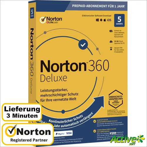 NORTON 360 Deluxe 2025 für 5 Geräte - Umfassende Internet Security für PC, Mac, Android und iOS - schützt bis zu 5 Geräte mit einem Jahr Garantie und einfacher digitaler Installation.