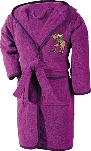 Erwin Müller Kinder-Bademantel mit Kapuze - Fuchsia, Größe 134/140 - Bademantel für Baby-Mädchen aus weichem Walk-Frottier mit Pferdemotiv, zwei Taschen und Bindegürtel. Hautfreundlich und atmungsaktiv, ideal für gemütliche Stunden nach dem Baden.