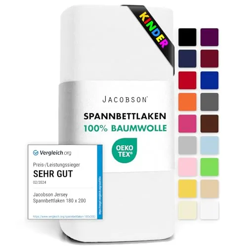 Jacobson Jersey Spannbettlaken Spannbetttuch Baumwolle Bettlaken (60x120-70x140 cm, Weiss)