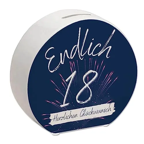 Endlich 18 Spardose mit Spruch Herzlichen Glückwunsch EIN buntes Sparschwein zum achtzehnten Geburtstag Endlich 18 Sparbüchse Geld dekorativ Volljährig