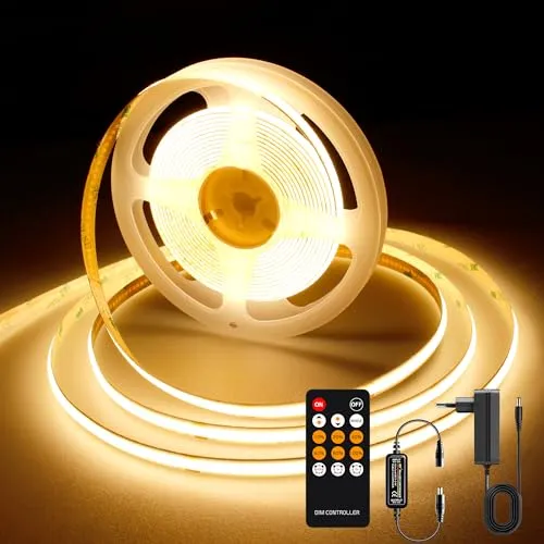 AXMOTUT COB LED Streifen 5m, Warmweiss 2700K 24V 320LEDs/M CRI90 LED Strip Light, Dimmbar LED Streifen mit RF Fernbedienung und Netzteil, für Zuhause Partei deko, DIY Dekoration