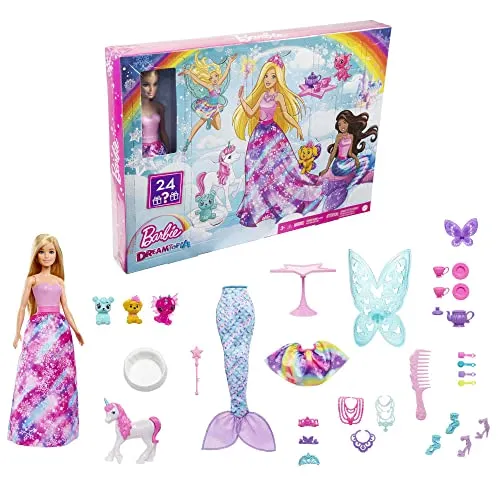 Barbie Dreamtopia Adventskalender Barbie-Puppe und 24 Geschenke einschließlich märchenhafte Moden, magische Haustiere und Zubehör, Urlaub Geschenk, HGM66