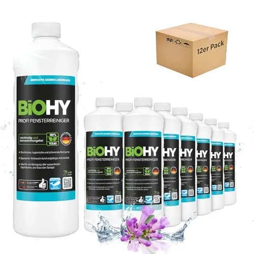 BiOHY Profi Fensterreiniger (12 x 1 Liter) | Glasreiniger Konzentrat | für Fenstersauger geeignet | streifenfreie Reinigung von Glas-, Fenster- & Spiegelflächen | ideal für Haushalt & Auto