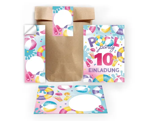 JUNAPACK Einladungskarten Pool Party zum 10. Geburtstag Einladungen Karten + Umschläge Mitgebsel, Mitgebsel Set mit Schwimmbad Motiv für Kinder Gastgeschenke