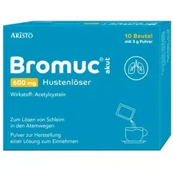 Bromuc akut 600mg Hustenlöser – Praktischer Hustenlöser - Bromuc akut 600mg Hustenlöser im praktischen Beutel hilft, zähen Schleim zu lösen und erleichtert das Abhusten. Ideal für unterwegs, ohne Konservierungsstoffe, in mildem Orangengeschmack.