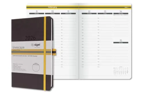 SIGEL L2603 Wochenkalender 2026 A5, Buchkalender vertikal mit Halbstunden-Taktung 6-22 Uhr, Hardcover, dunkelgrau/gelb, englisch-sprachiges Kalendarium, 176 Seiten, Terminplaner Linescape