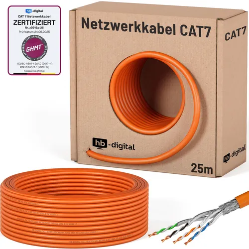 hb-digital CAT 7 Netzwerkkabel 25m S/FTP orange - Hochgeschwindigkeits-Netzwerkkabel für bis zu 10 Gbit/s, mit doppelter Abschirmung für störungsfreie Datenübertragung. Ideal für professionelle Installationen.