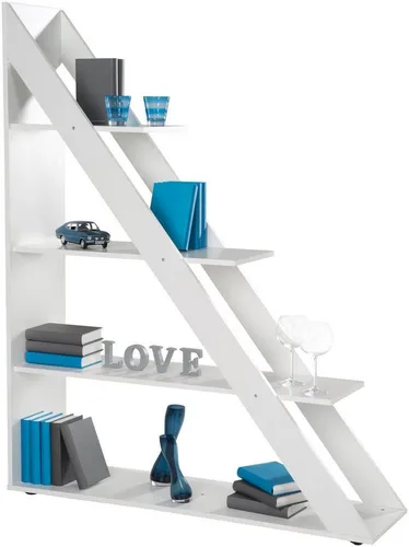Regal Kairo, Weiss - Regal Kairo mit 4 Böden, vielseitig als Raumteiler einsetzbar, modernes Design, ideal für Dachschrägen, aus robustem Spanholz in zeitlosem Weiß.