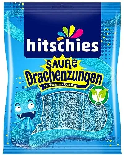 Hitschler Saure Drachenzungen Blau, Fruchtgummi - Fruchtgummis/Lakritze, veganes, saures Fruchtgummi in Form von bunten Drachenzungen mit fruchtigem Himbeergeschmack – ideal für alle Gelegenheiten!
