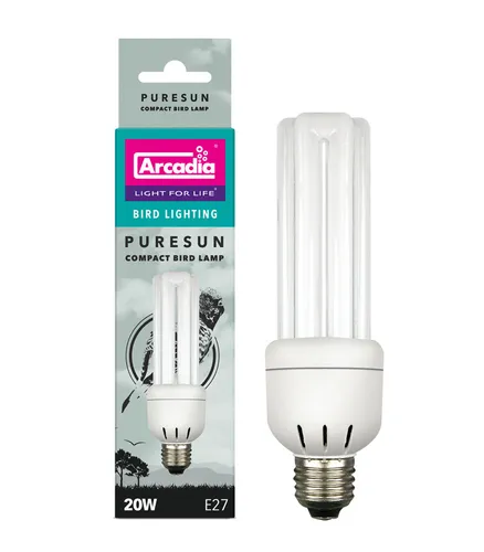 Arcadia Bird Lamp E27 20 W PURESUN - Flackerfreie UV Kompaktlampe für Vögel - Energiesparlampe mit 2,4 % UV-Anteil, ideal für die artgerechte Beleuchtung von Vögeln, hergestellt in Großbritannien.
