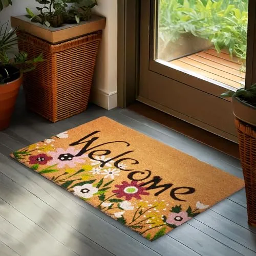 BRUBAKER Fußmatte für Außen und Innen - Welcome mit Blumenwiese - 45 x 75 cm Schmutzfangmatte aus 100% Kokos - Wetterfest und rutschfest - Antirutsch Türvorleger mit Blumen Design
