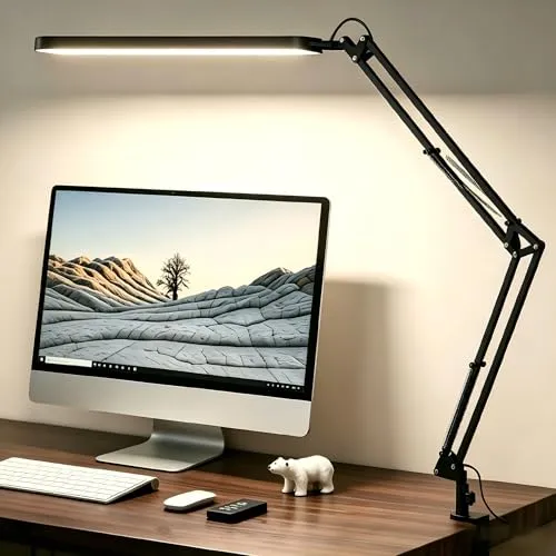 SKYLEO Schreibtischlampe LED – Schreibtischlampe klemmbar 1300LM – 5 Farbmodi x 11 Helligkeitsstufen – Verstellbarer Schwenkarm – Timmer und Speicherfunktion – 12W Desk Lamp – Schwarz