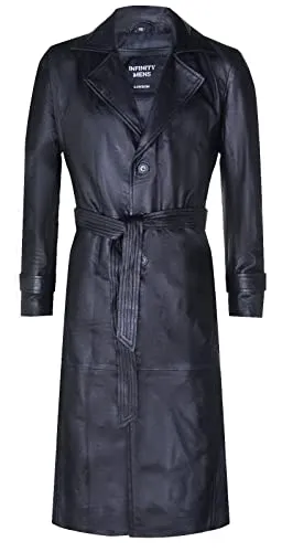 Infinity Leather Klassischer langer Trenchcoat in voller Länge aus schwarzem Leder für Herren XS