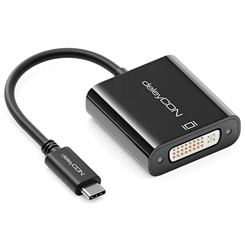 deleyCON USB C auf DVI Adapter Konverter - 1080p Full HD - USB C Stecker auf DVI Buchse - PC Laptop Smartphone auf Monitor Beamer - Schwarz