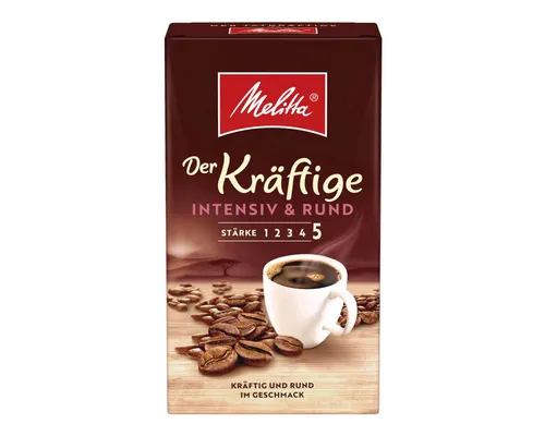 Melitta Kaffee Cafe Der Kräftige, gemahlener Kaffee, 500 g - Dunkle Röstung mit intensiven Aromen. Ideal für Filterkaffeemaschinen. Genießen Sie einen kräftigen und runden Geschmack, perfekt für den täglichen Genuss.