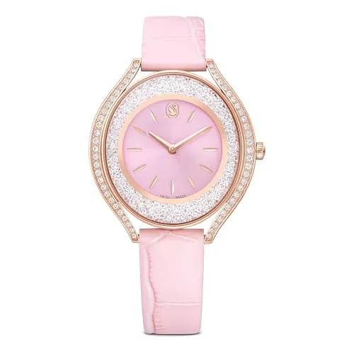 Swarovski Crystalline Aura Uhr mit Lederarmband - Elegante Armbanduhr mit roségoldfarbenem Finish und rund 138 funkelnden Kristallen. Das rosa Lederarmband und das Zifferblatt im Sonnenstrahl-Finish verleihen der Uhr einen besonderen Charme. Swiss Made Qualität, wasserdicht bis 5 m.