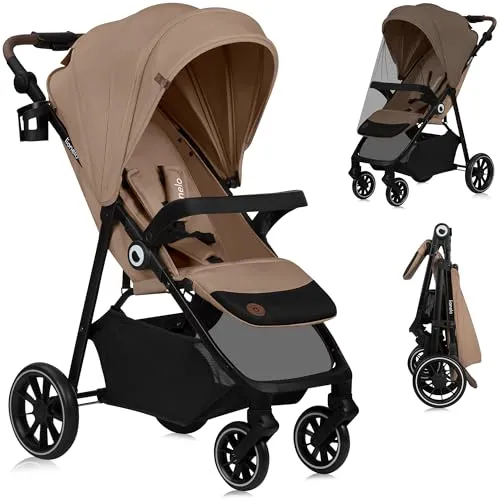 lionelo Kombi-Kinderwagen EMMA ONE, Beige Sand - Kombikinderwagen mit wartungsfreien Rädern, einhandfalten und XXL-Verdeck für optimalen UV-Schutz. Ideal für Eltern, die Komfort und praktische Handhabung schätzen.