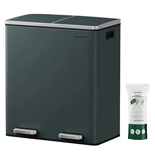 SONGMICS Mülltrenner 2 x 30,0 l grau – Hygienische Mülltrennung - Mülleimer mit 2 x 30 l Kapazität, ideal für hygienische Mülltrennung dank praktischer Tretmechanik und gedämpftem Klappdeckel. Inklusive 15 Müllsäcken für sofortigen Einsatz.