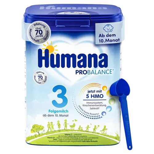 Humana 3 Folgemilch, ab 10 Monaten, 4x750g - Ideale Folgemilch für Babys ab 10 Monaten, perfekt zum Zufüttern nach dem Stillen. Die ausgewogene Rezeptur unterstützt die Ernährung im Beikostalter, 4x750g für 28 Portionen.