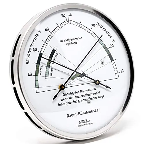 Fischer Klimamesser 1222-01 - Raumklimahygrometer aus Edelstahl - Praktisches Raumklimahygrometer mit Bimetall-Thermometer. Das 130 mm große Edelstahlgehäuse sorgt für Langlebigkeit. Ideal zur einfachen Kontrolle des Raumklimas und zur Optimierung des Wohnkomforts. Made in Germany.