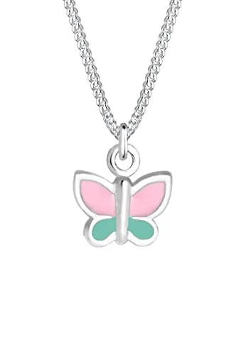 Elli Kinder-Kette mit Anhänger Schmetterling 925 Silber Emaille 36 cm - Zauberhafte Schmetterling Halskette aus 925er Silber, anlaufgeschützt und in Juweliersqualität. Bunter Emaille-Schmuck für festliche Anlässe oder den Alltag – das perfekte Geschenk für kleine Mädchen!