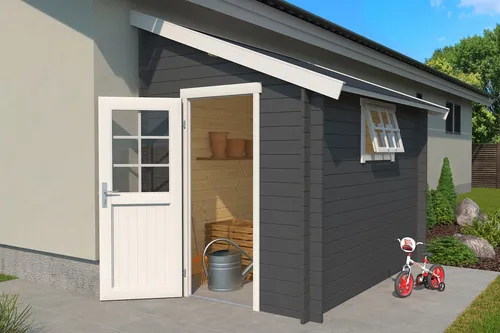 Gartenhaus Blockhaus Pultdach 28 mm Jura 2 grau - Gartenhaus aus robustem Holz mit 28 mm Wandstärke, bietet 11 m³ Rauminhalt und ist abschließbar – ideal für Gartenutensilien oder als Rückzugsort.