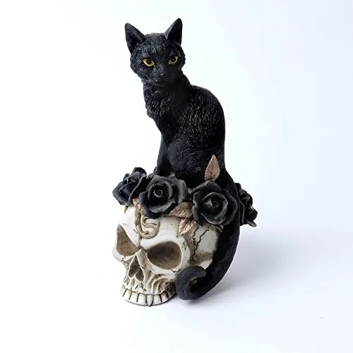 Kleine Katze auf Totenschädel Figur 18,5cm