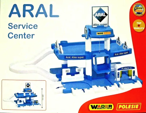 Wader 37886 Polesie ARAL Parkhaus mit Tankstelle und Waschanlage - Parkhaus & Tankstelle mit 2 Ebenen, fördert Feinmotorik und Kreativität durch interaktive Spielmöglichkeiten wie Waschanlage und Hebebühne.