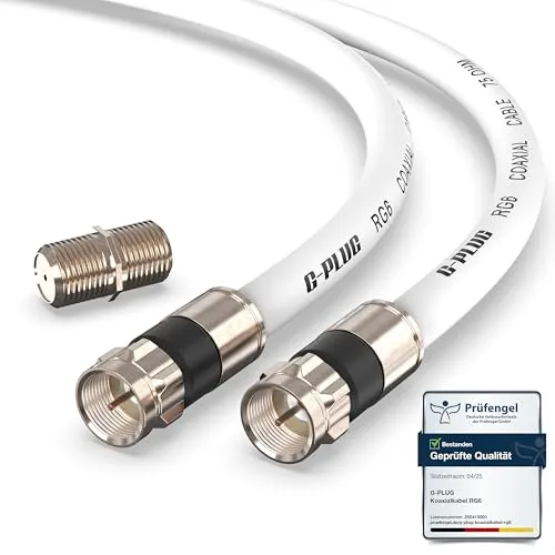 G-PLUG 5m Koaxialkabel RG6 – 135dB 4-fach geschirmt mit vergoldeten Steckern - Hochwertiges Koaxialkabel RG6 für stabilen Empfang bei DVB-T2, DVB-C und DVB-S2. Mit wetterfestem Schutz und einfacher Montage – ideal für TV- und SAT-Geräte im Innen- und Außenbereich.