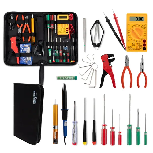 Stagecaptain EWS-15 Elektro-Werkzeug Set - 27-teiliges Werkzeugset für Elektroarbeiten, inklusive Lötkolben und Multimeter, ideal für Proberaum, Bühne und Werkstatt, alles kompakt im praktischen Etui.