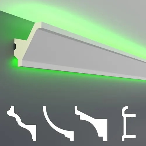 HEXIM LED Stuckleisten Sparpaket - Indirekte Beleuchtung 2m - Moderne 2m LED-Stuckleiste aus PU, leicht und stabil. Ideal für indirekte Beleuchtung und perfekte Wandabschlüsse. Unkomplizierte Montage für Innenräume, sofort überstreichbar.