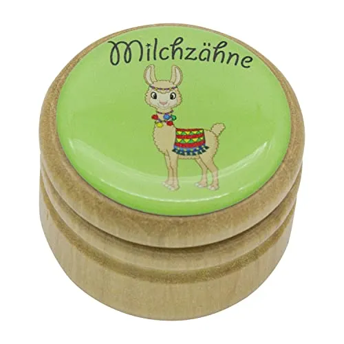 GICO Milchzahndose, Zahndose Milchzähne Bilderdose mit diversen Motiven aus Holz für Jungen und Mädchen mit Drehverschluss 44 mm (Lama)
