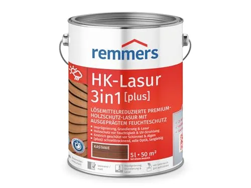 Remmers HK-Lasur 3in1 [plus] kastanie, matt, 5 Liter - Hochwertige Holzlasur für den Außenbereich, vereint Imprägnierung, Grundierung und Lasur in einem Produkt. Ideal für Zäune, Carports und Gartenhäuser – schützt effektiv vor Feuchtigkeit und UV-Strahlen.