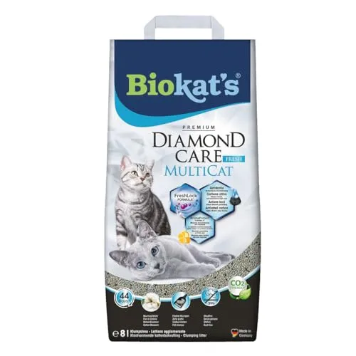 Biokat's Diamond Care MultiCat Fresh Katzenstreu mit Duft - Feine Klumpstreu aus Bentonit mit Aktivkohle speziell für Mehrkatzen-Haushalte - 1 Sack (1 x 8 L)