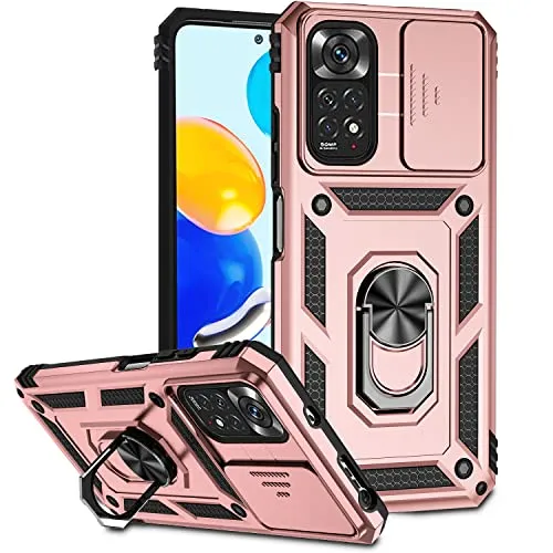 XINYEXIN Kameraschutz Handyhülle für Xiaomi Redmi Note 11 4G / Redmi Note 11S Hülle mit 360 Grad Metal Ring Ständer Stoßfest Schutzhülle Hard Case Sliding Camera Cover - Roségold