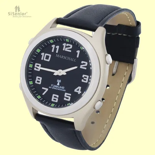 Marschall Deutsch sprechende Herren Funk-Armbanduhr I 1130L I Für Blinde, Senioren und Sehbehinderte I Datum- und Zeitansage I Extra große Zeiger I Schwarzes Lederarmband