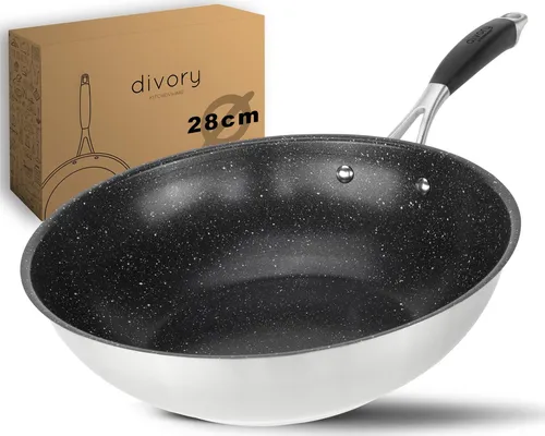 DIVORY Edelstahl Wokpfanne 28 cm ULTIME I Antihaftbeschichtet - Pfannen für alle Herdarten, kochen Sie gesund ohne Öl dank der innovativen 3-lagigen PTFE-Antihaftbeschichtung, die anbrennfrei ist und einfach gereinigt werden kann.