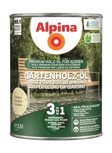 Alpina Gartenholz-Öl 3in1 Farblos 2,5 Liter - Holzöle für Harthölzer, bietet intensive Pflege und schützt vor UV-Strahlung, Wasser und Schmutz. Ideal für Gartenmöbel und Holzterrassen, zieht tief ein und sorgt für eine langlebige, schöne Oberfläche.
