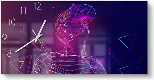 DEQORI Glasuhr 60x30 cm Zahlen 'Mann mit VR-Brille' Wanduhr Glas Uhr Design leise